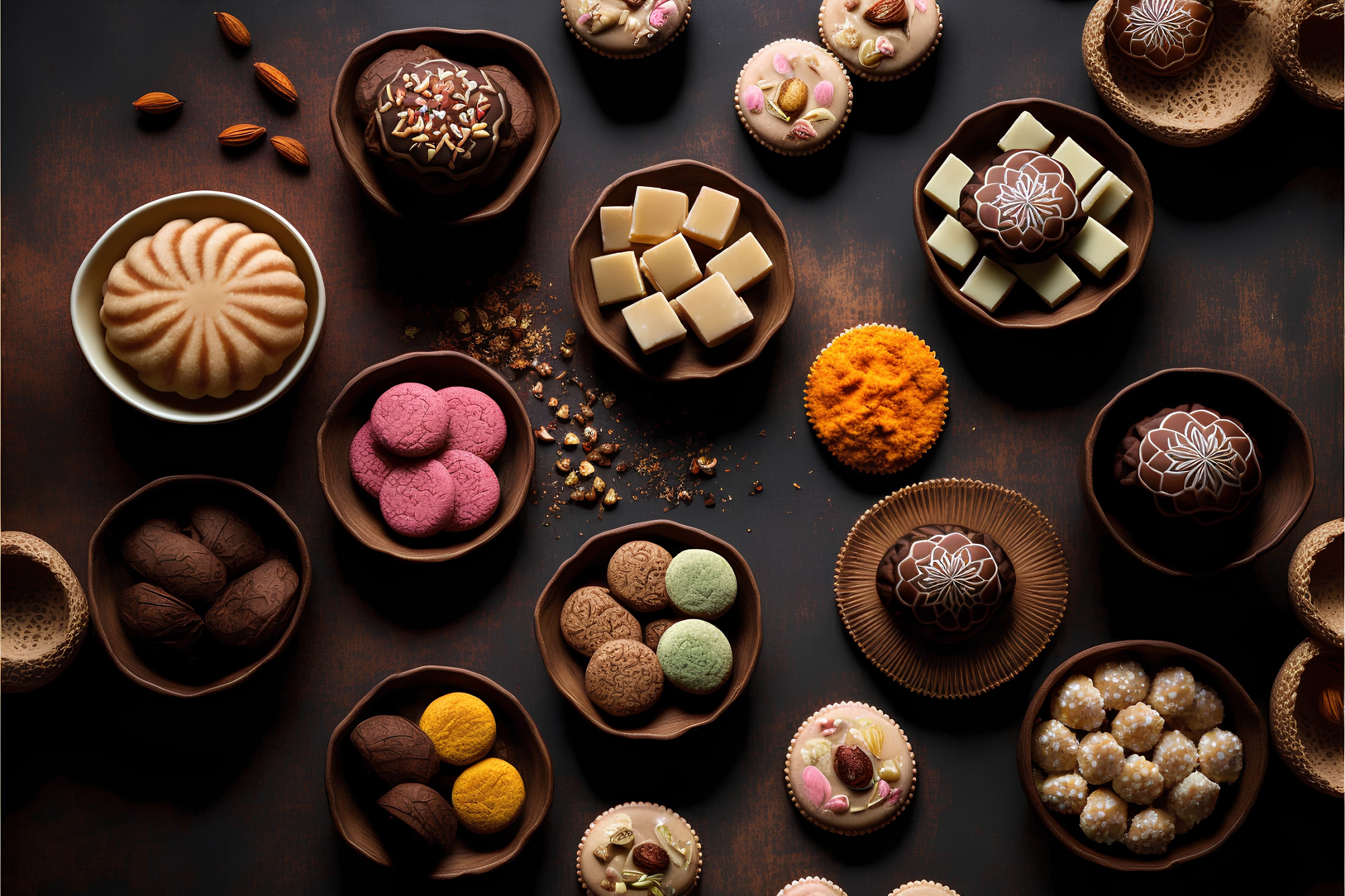 An overhead spread of cookies, macarons and chocolate truffles in wooden bowls